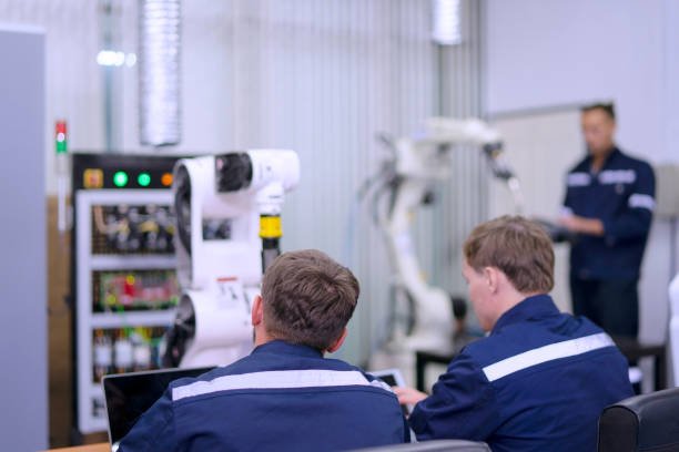 Workshop interior with machinery and workers